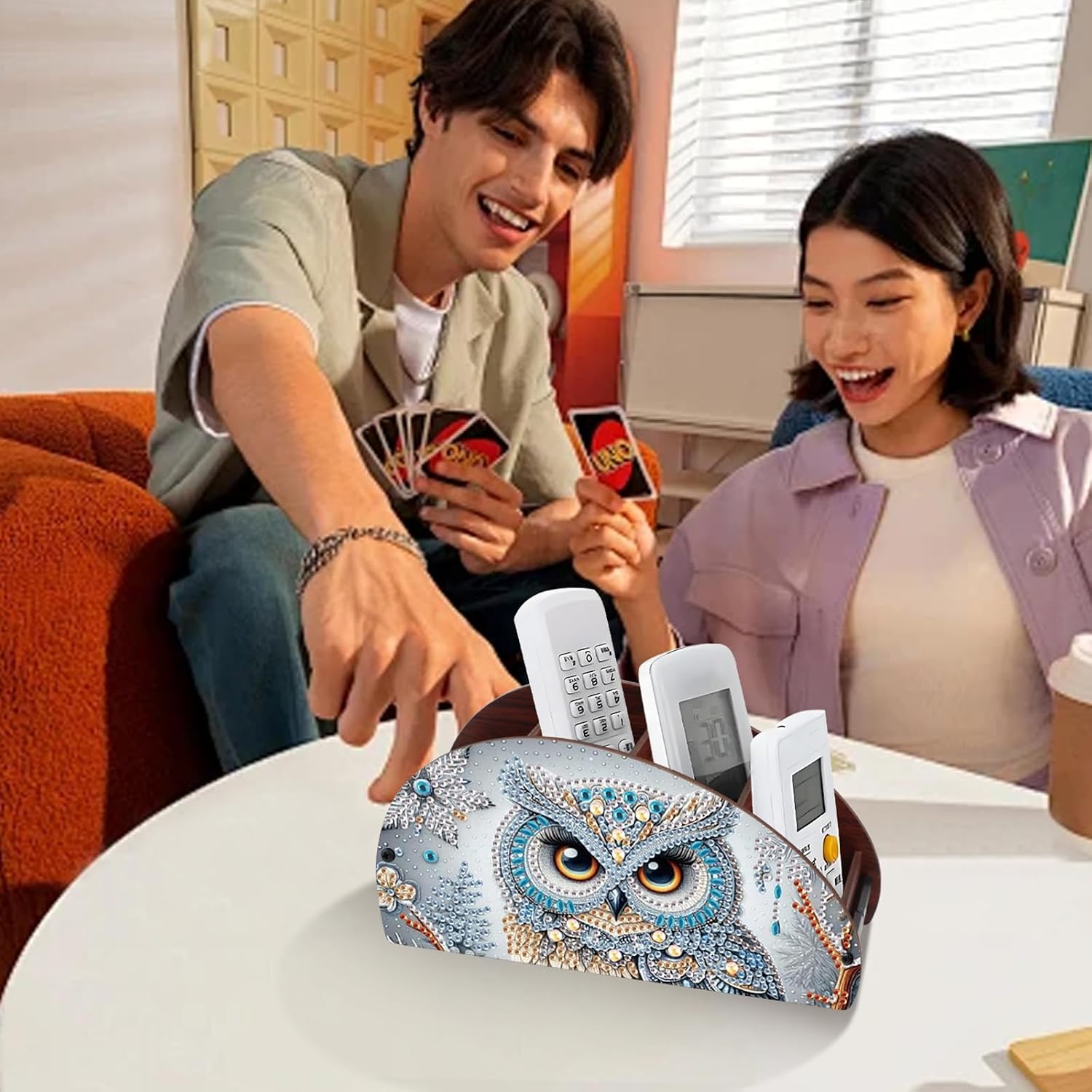 Diamond Painting Storage Box, DIY 5D Owl Design Multi-Compartment Wooden Tabletop Organizer, Diamond Art Storage Holder for Pens Makeup Brushes Remotes Office Supplies Desktop Decoration