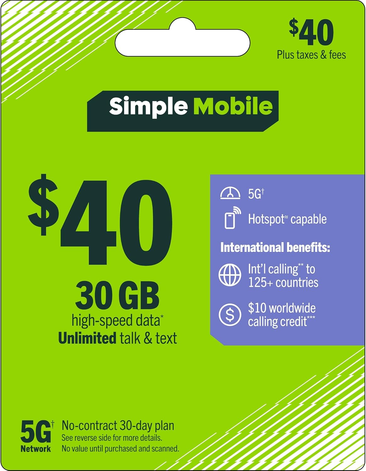 Simple Mobile $25 Prepaid 30-Day Plan: 15GB High-Speed 5G Data, Unlimited Talk, Text & ILD [Physical Card]