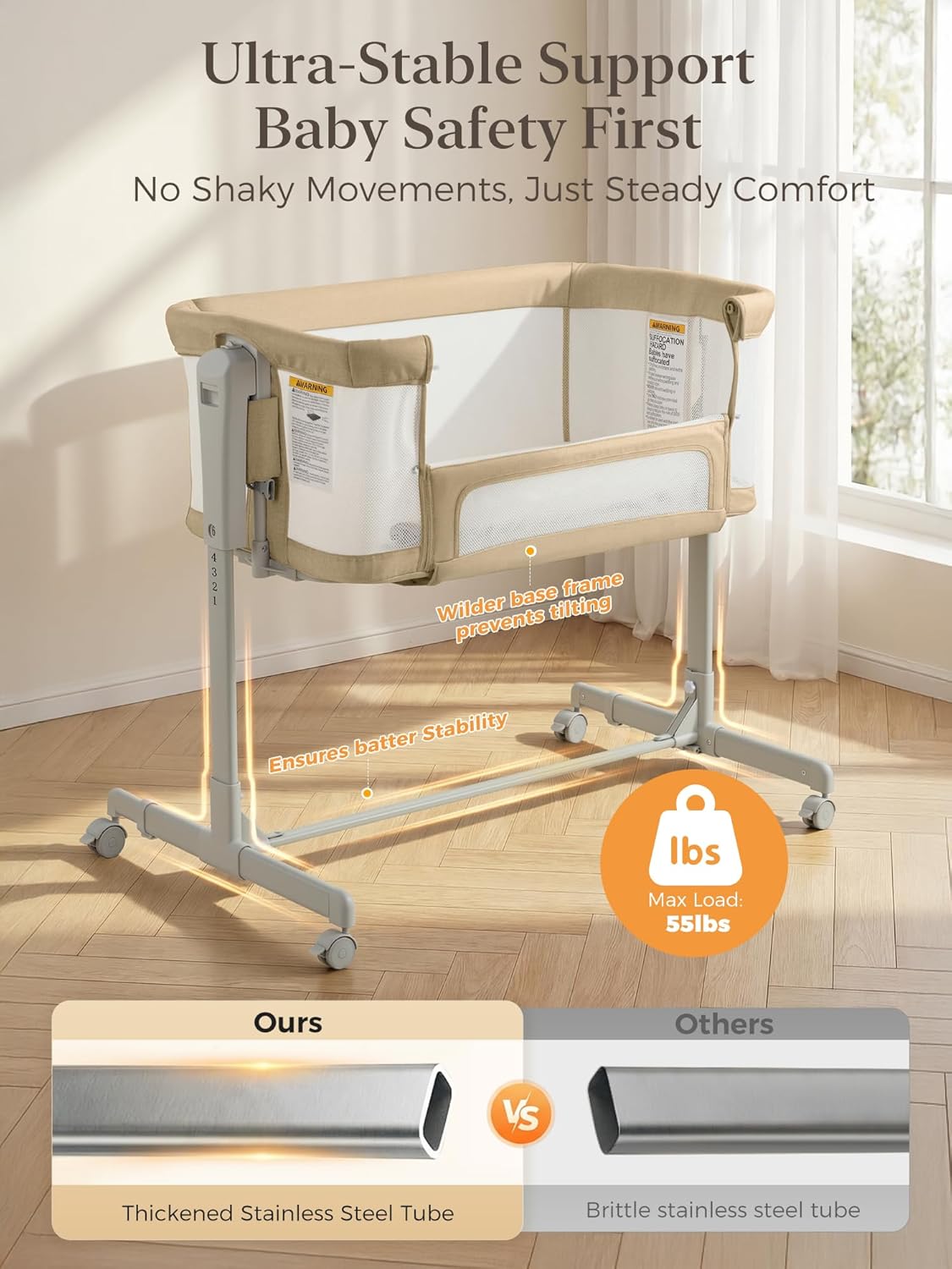 Baby Bassinet Bedside Sleeper 3-in-1, Easy Night Feeding with One-Side Fold & Rolling Wheels, Breathable Mesh, 6-Height Adjustable, Soft Mattress for Newborns
