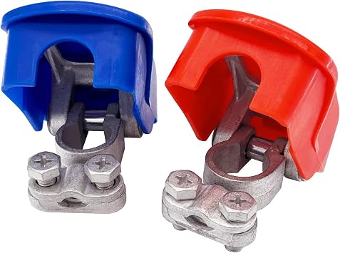 Ampper Brass Heavy Duty Quick Release Top Post Battery Terminal Connectors, Quick Disconnect Battery Cable Ends with Red and Blue Cover 1 Pair