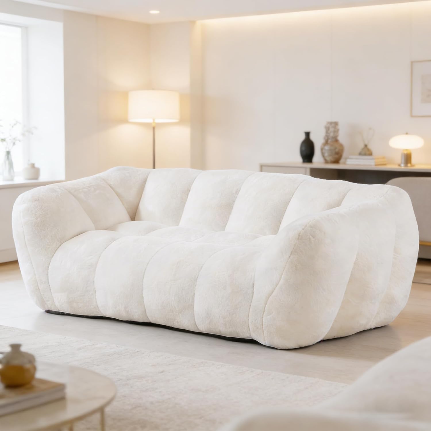 Fluffy Bean Bag Couch for Adults,Small Loveseat Couches,Mini Couch for Bedroom,Cozy Cloud Loveseat Mini Bean Bag Sofa,Reading Chair for Living Room Bedroom,Beige