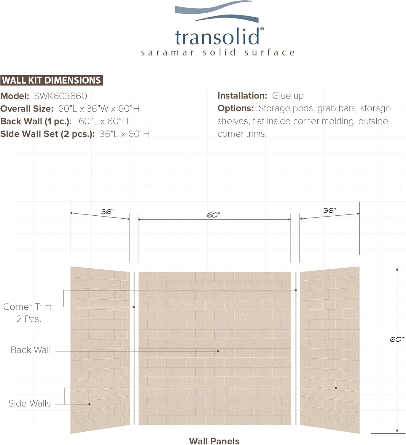 Transolid SWK603660-28 SaraMar Glue 3-Piece Tub Wall Kit, Cashew, 36-in L x 60-in W x 60-in H