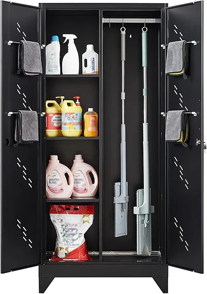 YILFANA Metal Storage Cabinet with Lock, 71" Garage Storage Cabinets with Hanging Rod & S-Hooks, Large Storage Cabinet, Locking Tool Utility Closet, Black