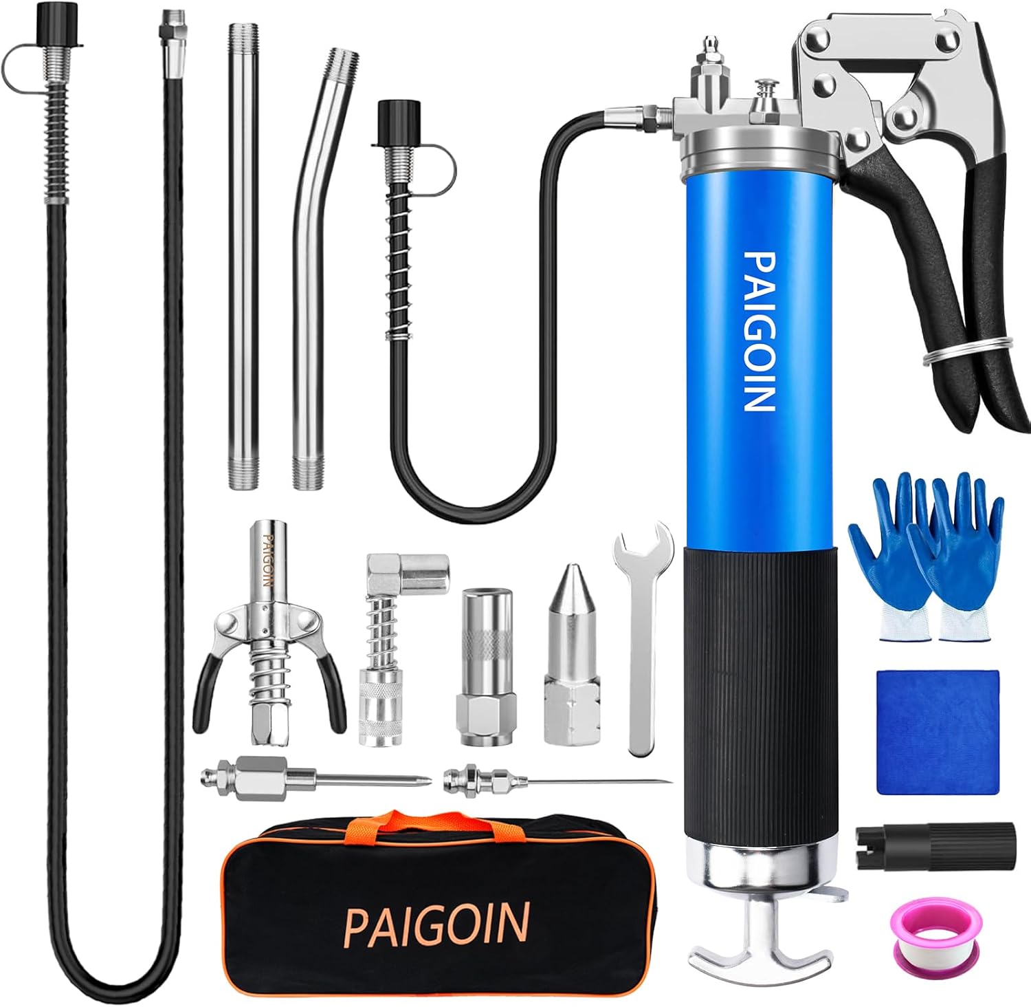 Grease Gun Kit 8000 PSI Heavy Duty 14 OZ Pistol Grip Grease Guns with 19" & 28" Spring Flex Hose,Quick Release Coupler,90 Degree Adapter,2 Needle Tips,2 Nozzles,2 Extension Tubes