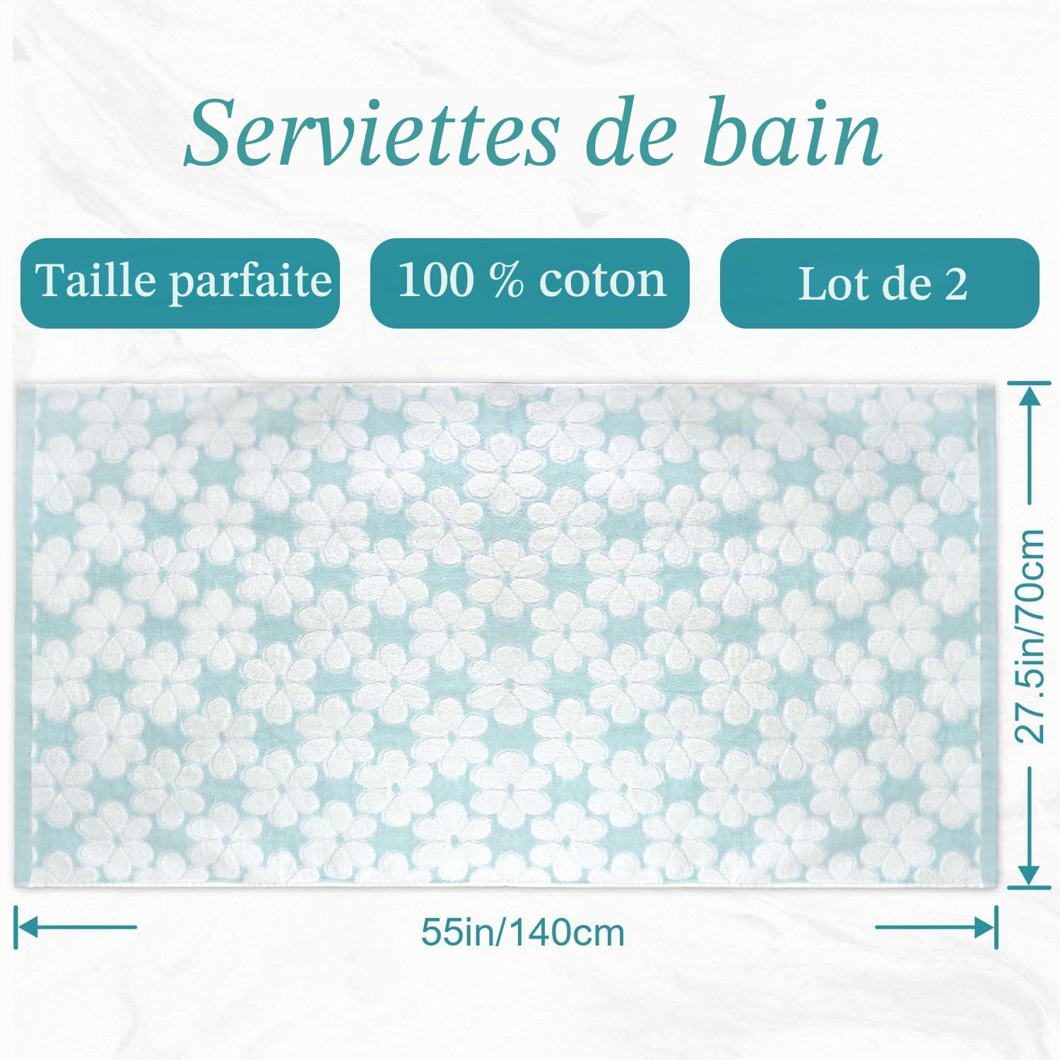 Jacquotha Lot de 2 Serviettes de Bain en Coton pour décoration de Salle de Bain avec Jacquard Floral, Super Douces et absorbantes, Grande Taille, 69,9 x 140,7 cm