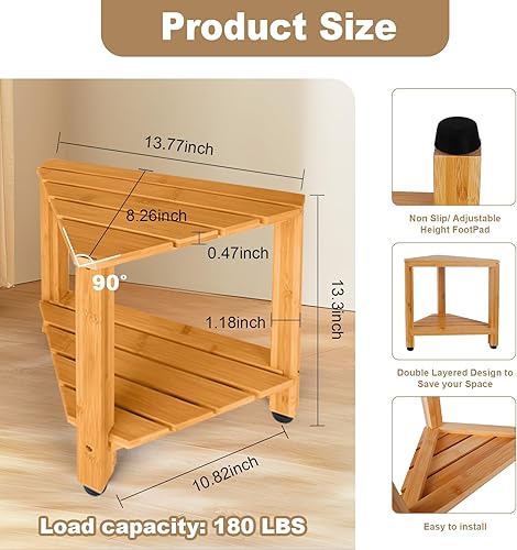 Miniatura 6 de Reposapiés de ducha de 13 pulgadas, taburete de ducha de bambú para afeitarse las piernas, banco de ducha de baño de esquina con estante de escuadra