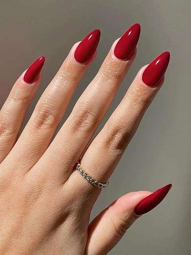 Cherry Red Gloss Press-On Nails, Red Almond Shape, 24 Pack | 12 Inclusive Sizes, Reusable ABS Material, Glossy Jet-Black Finish, Salon-Quality Manicure, Lightweight & Comfortable