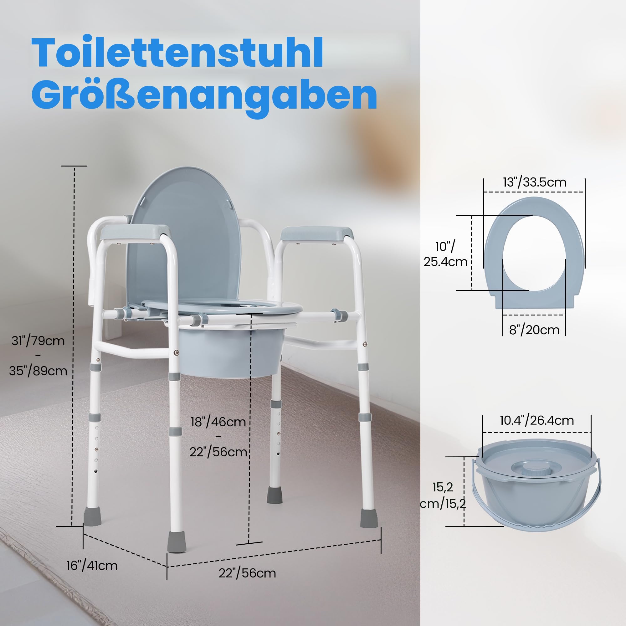 Careboda Toilettenstuhl für Senioren mit Armlehnen, Stählerner Rahmen, 5 Verstellbare Höhen, Tragbar, Belastbarkeit bis 136 kg, 7,1 l Auffangbehälter, Grau