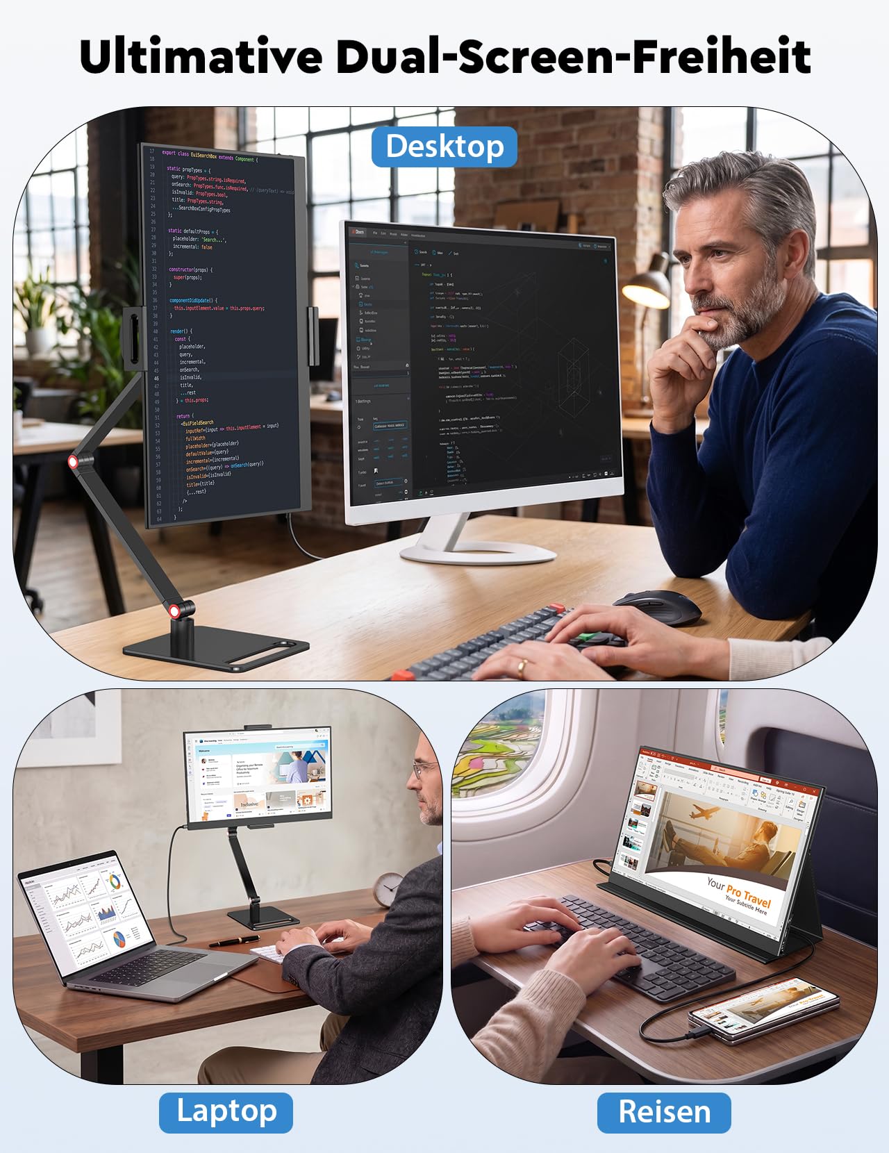 MAGICRAVEN Tragbarer Monitore 15.6“ 1080P FHD Laptop Bildschirm Erweiterung Monitor IPS Screen, Laptop Monitor mit Lautsprecher, Bildschirm für Laptop/PC/Telefone/PS45/X-Bo mit HDMI/USB C & Halterung