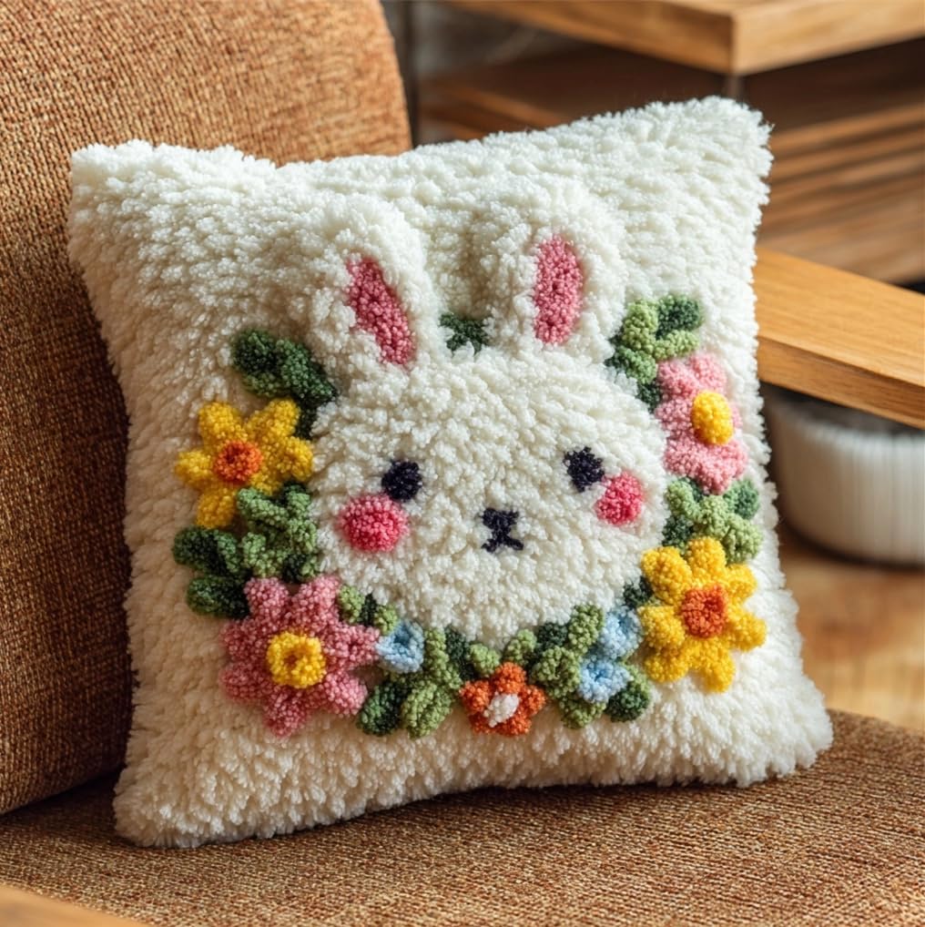 Taxpy Latch Hook Cushion Kits for Adults Rabbit with Flower Wreath 43Cmx43Cm DIY Hooks Knitted Embroidered Carpet Pillow Needlework Pillow Cover Embroidery Latch Hook Carpet Kit