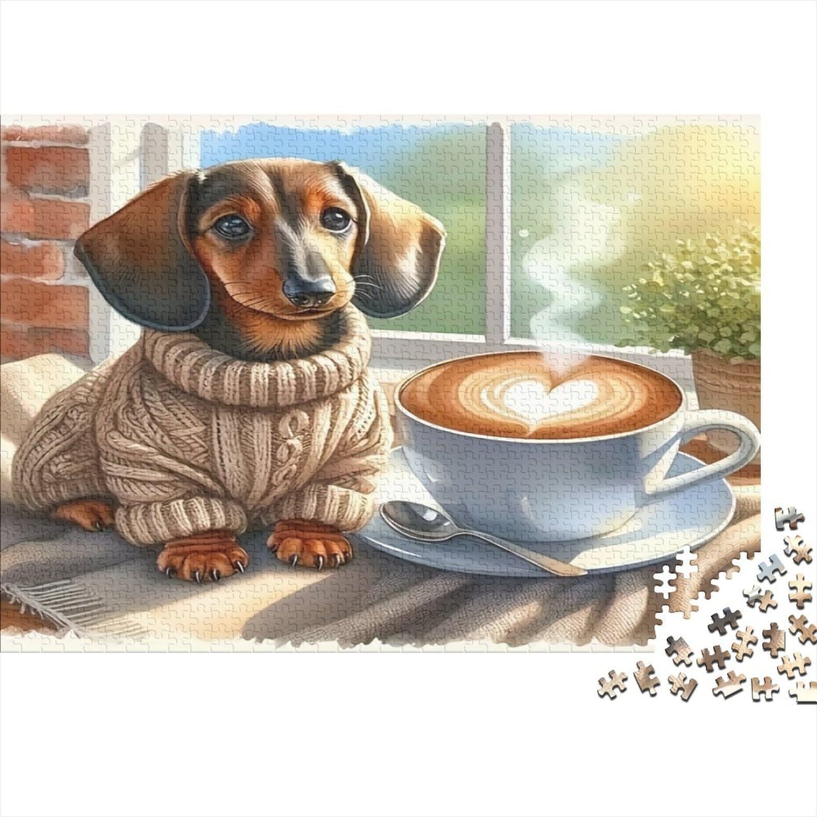 Dachshund Jigsaw Puzzle for Adults 1000 Piece Jigsaw Puzzle Relaxing Coffee Scene Paper Puzzle Game Family Home Decor Gift 38x26cm/1000pcs