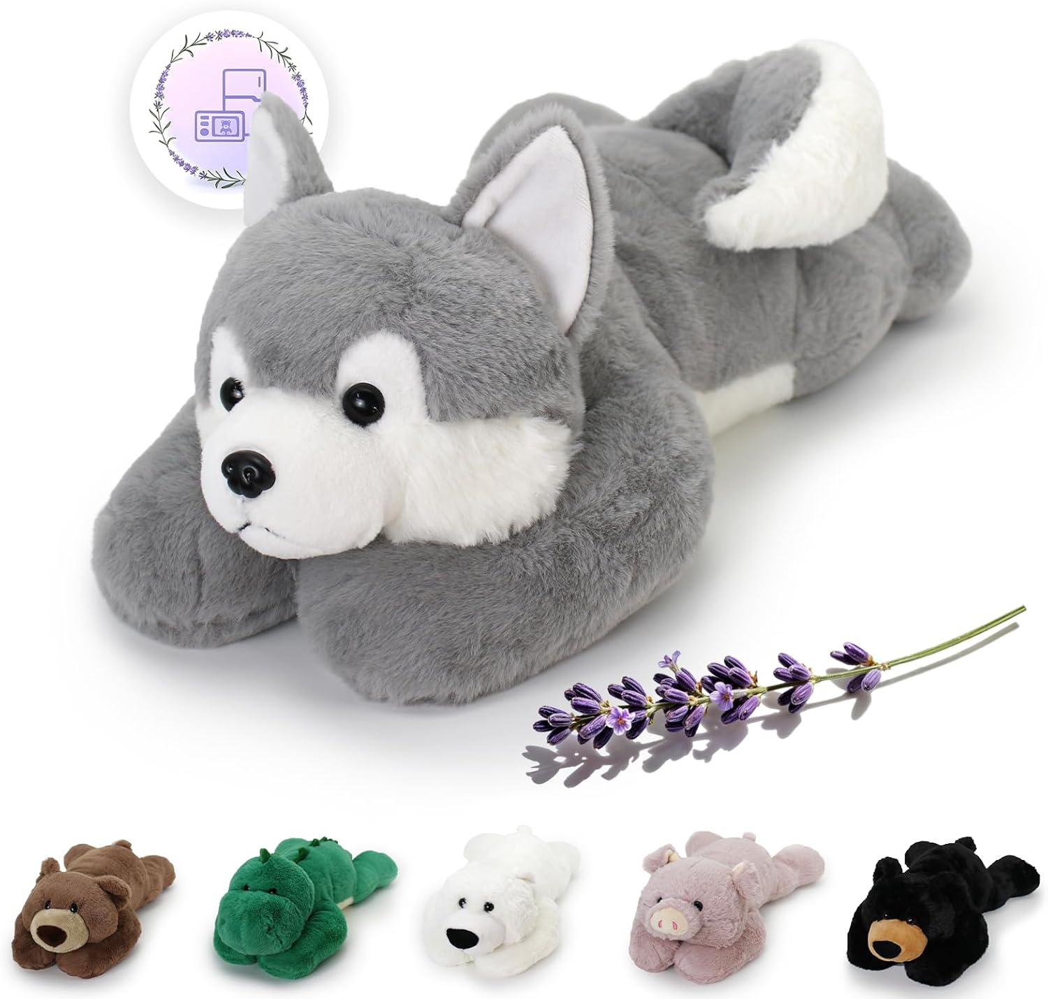 2 LB Heatable & Coolable Grey Dog Weighted Stuffed Animals | Microwavable Heating Pad for Relieve Stress Soothing & Relaxation | Lavender Scented Plush Toys for Adults and Children 2 Lb Grey Dog