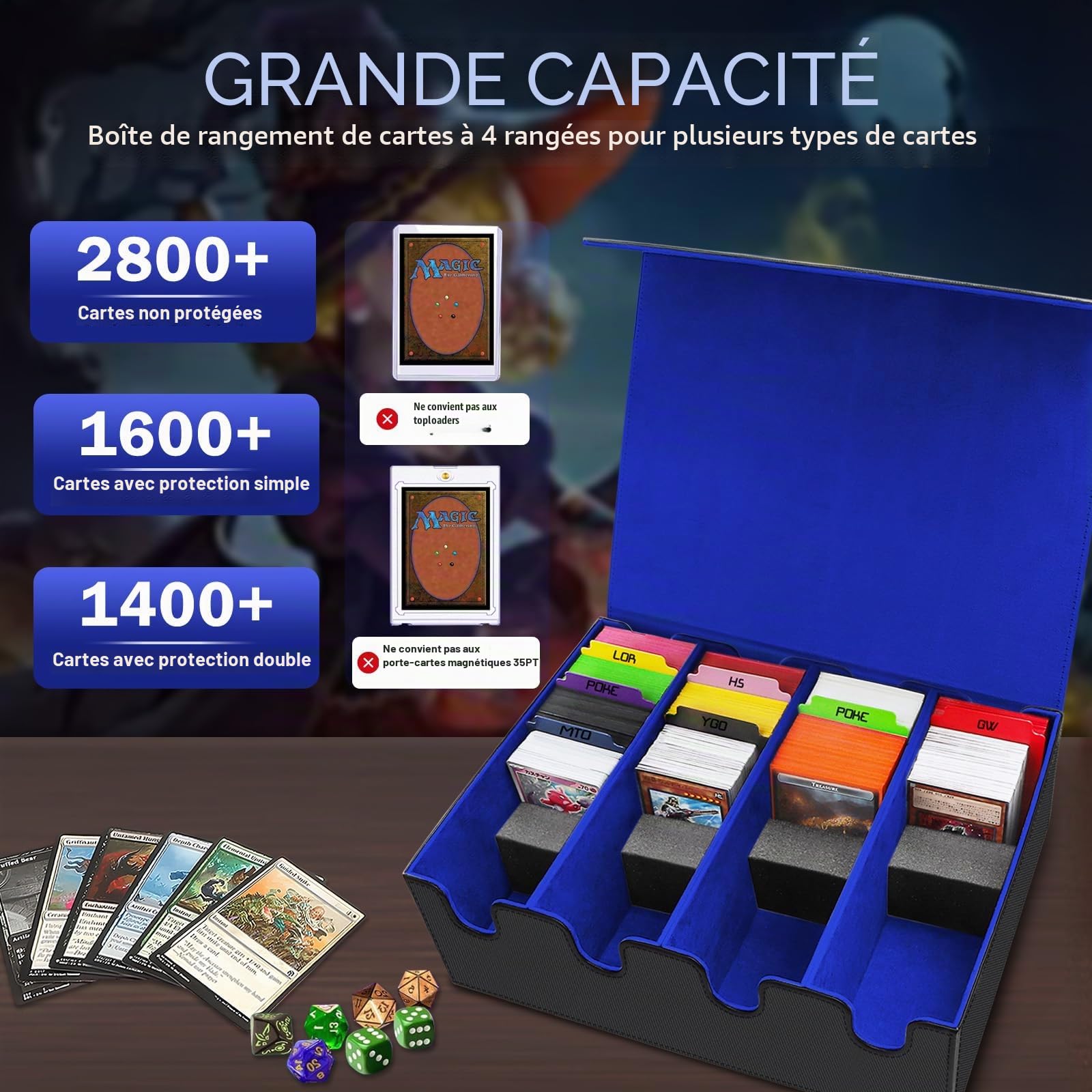 Boîte à Cartes pour Plus de 2800+ Cartes, Boîtes de Rangement pour Cartes à Collectionner Avec 24 Séparateurs, Boîtes Magnétiques de Qualité Supérieure, pour Cartes TCG Magic(Noir Bleu)