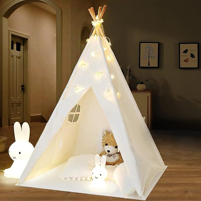 IREENUO Teepee Tent for Kids with Fairy Lights , Foldable Children Play Tents Playhouse Toys for Girls/Boys Indoor & Outdoor Playing (White)