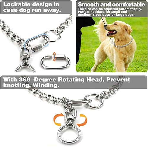 Miniatura 3 de Collar de cadena para perro, correa de acero inoxidable de metal, collar de estrangulador de entrenamiento, hebilla ajustable, cabeza de rotación de