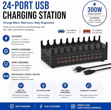 USB Charging Station 300W 24 Ports, Smart Power Distribution and Safety Protection PD/QC Charging Technology Multi Port Fast Charger with 12 USB-C and 12 USB-A for Multiple Devices