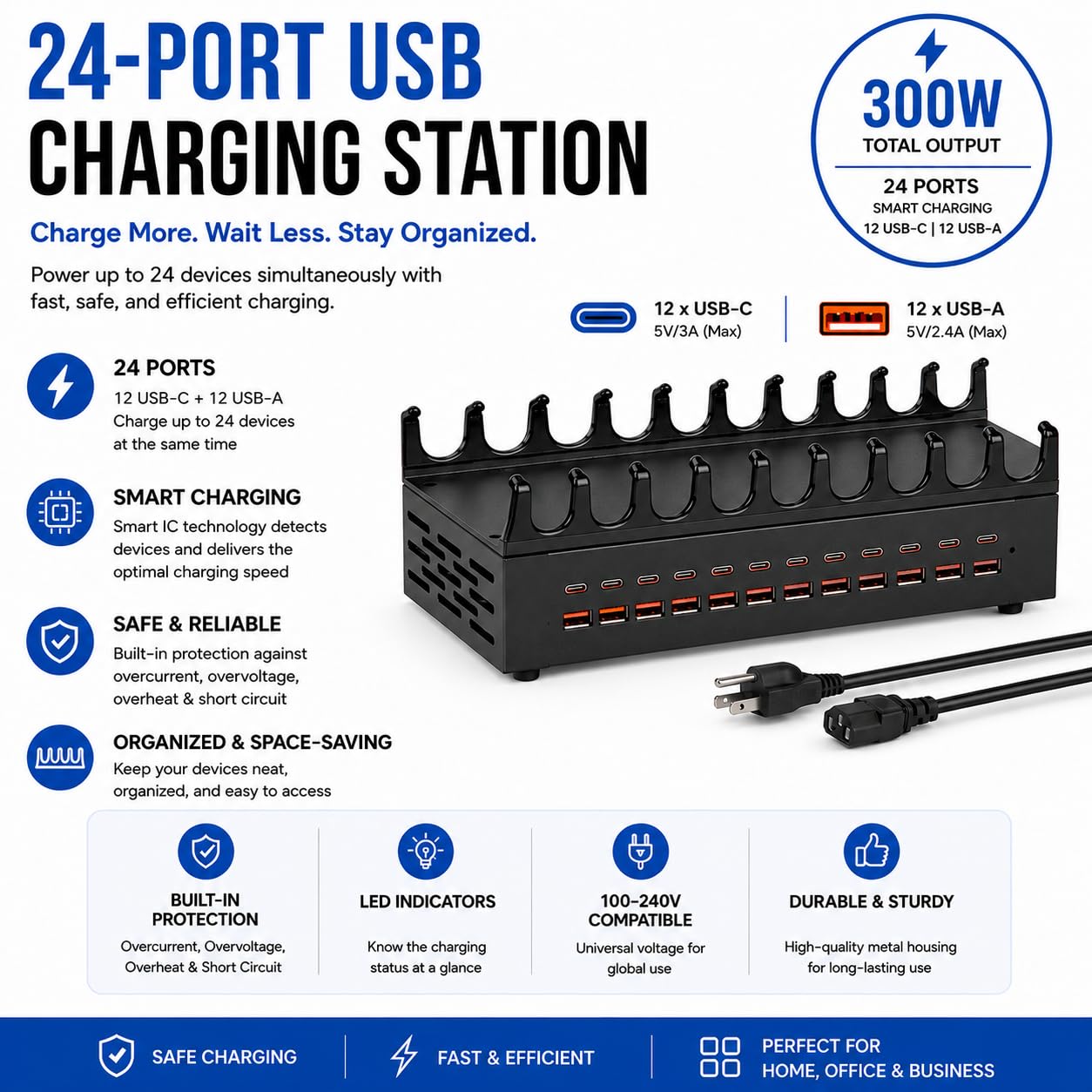 Estación de carga multipuerto USB de 300 W, 24 puertos de carga rápida, compatible con teléfonos, iPad, AirPods, consolas de juegos, pequeña y segura para el hogar, la oficina y los viajes