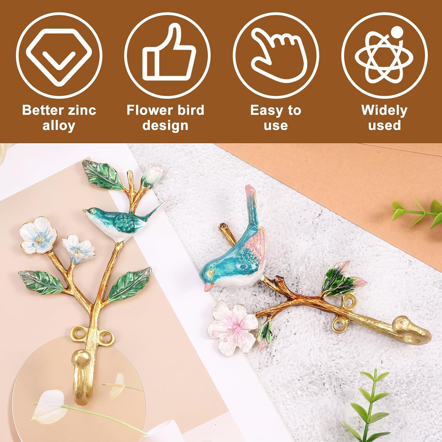 2Pcs Bird Shaped Wall Hooks, Decorative Wall Hangers, Vintage Bird Shaped Flower Metal Mounted Coat Rack, Hooks for Hanging Coats Clothes Keys Hats Towels image 3