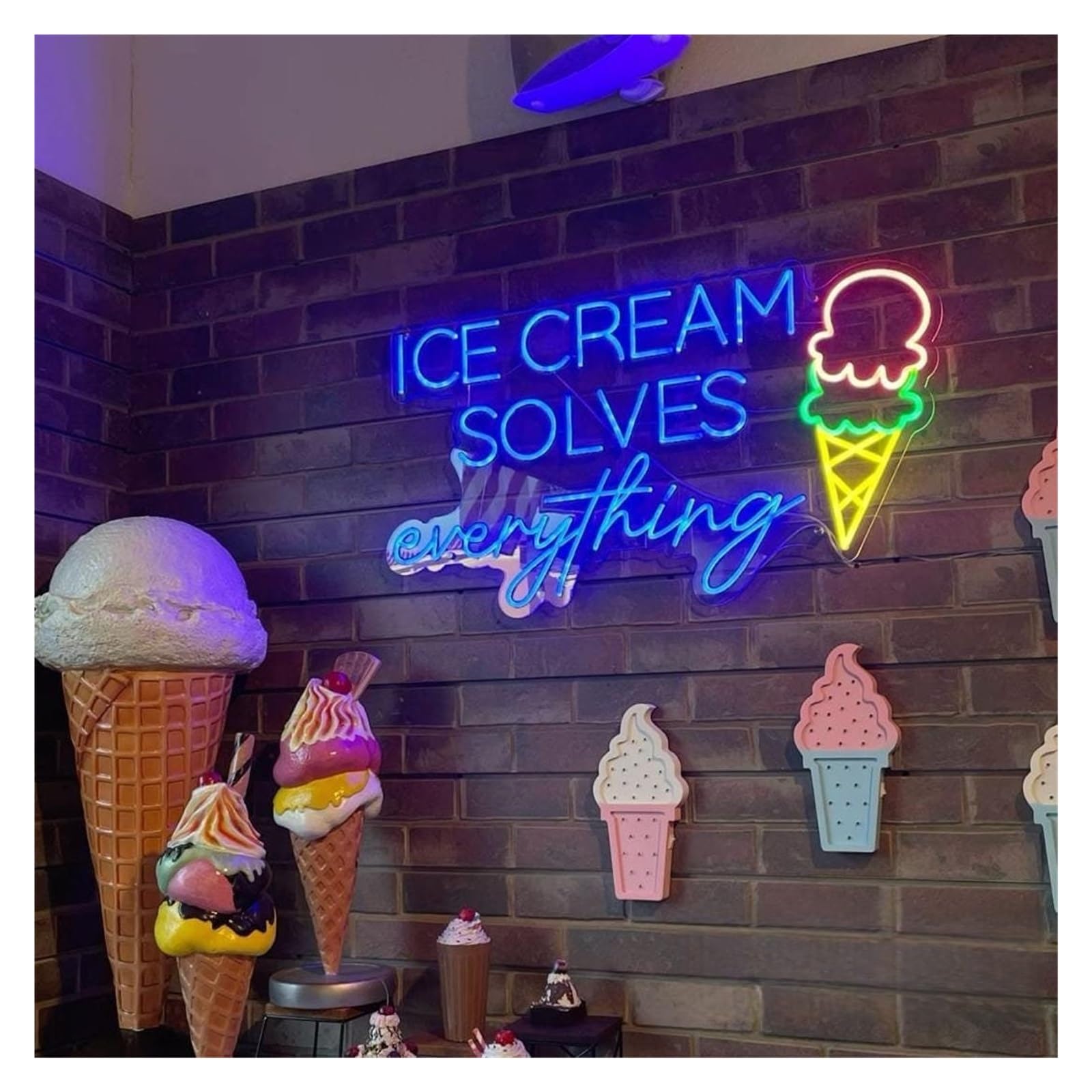 SHOUXI Sign Lamp Ice Cream Solves Everything Neon Sign, for Coffee Bar Wall Decor Light Yogurt Shop 31cmx55cm(D)