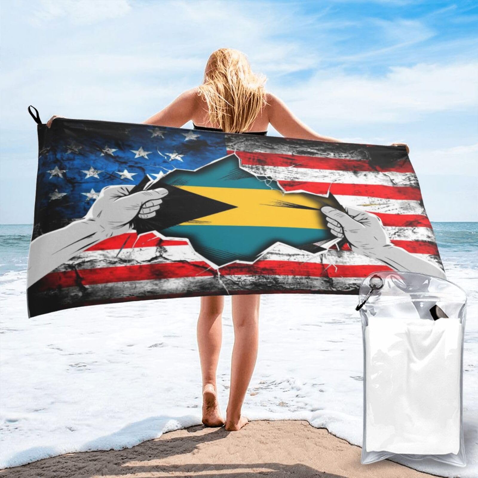 HACXZ American and Bahamas Flag Vintage Beach Towel Lightweight Absorbent Beach Towel Microfiber 27.5"X55"