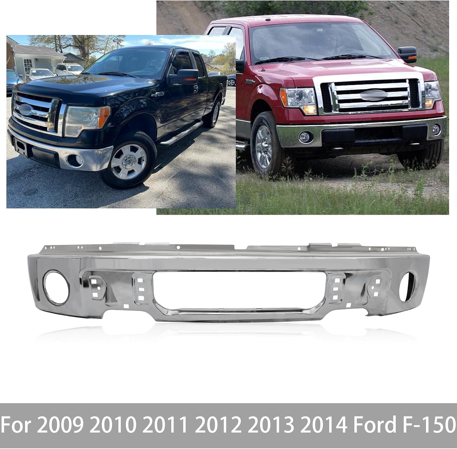 PENSUN Steel Front Bumper for 2009-2014 Ford F150 - Chrome One Piece Bumper, with Fog Light Holes, OE# 9L3Z17757D