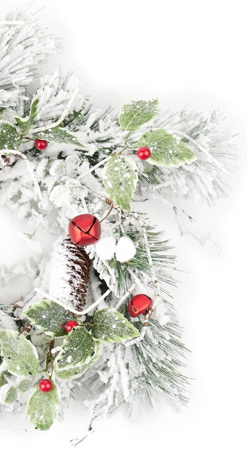 Melrose Flocked Pine and Bell Candle Ring, Christmas, 18" D, PVC, Fits a 6" Candle