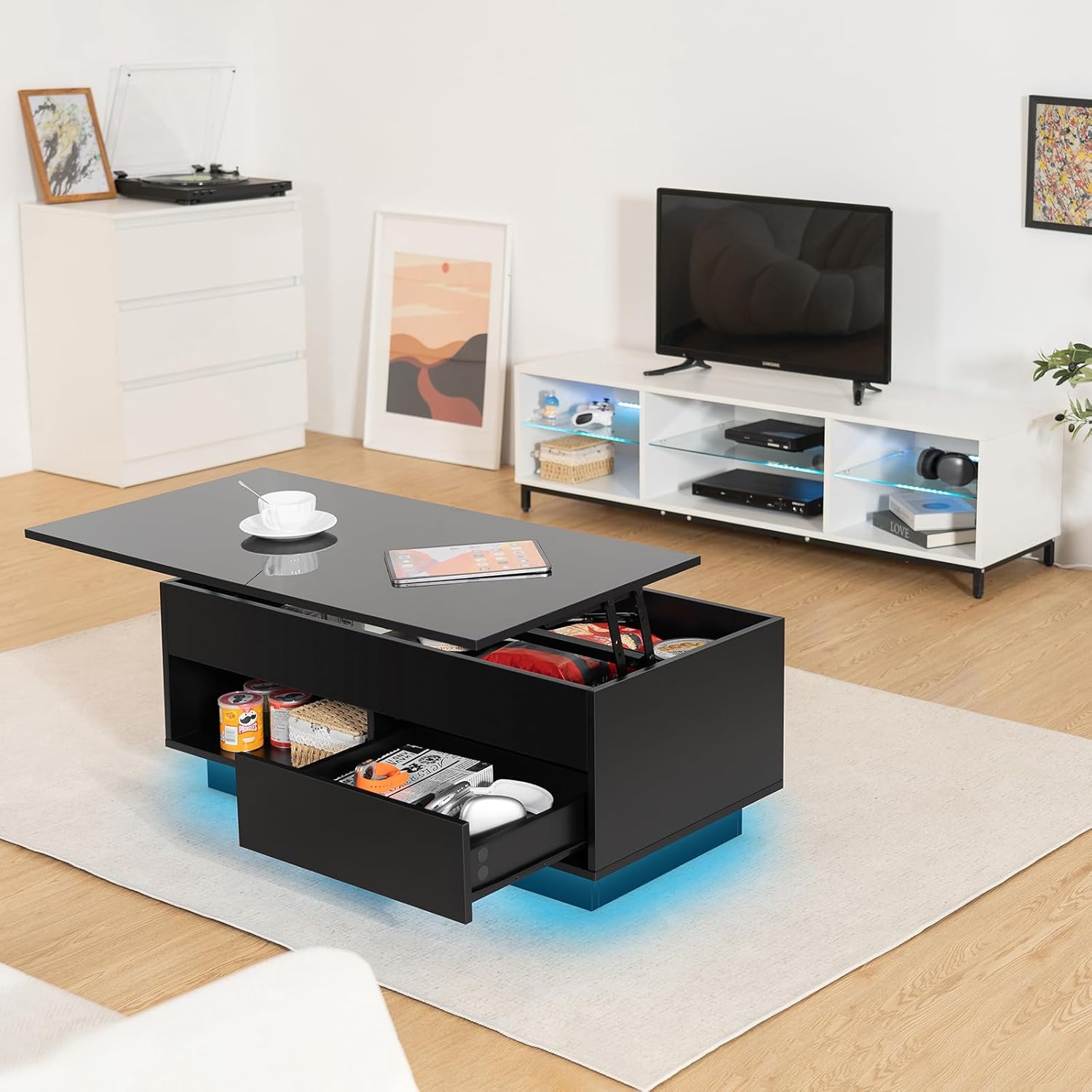 HOMMPA LED Lift Top Coffee Table and TV Stand Set of 2,Modern LED Entertainment Center with Power Outlets for up to 70" TV, Coffee Table with Hidden Compartment & 1 Open Shelve & 1 Drawers Black