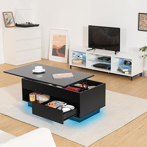 Miniatura 32 de HOMMPA Morden - Mesa de centro elevable de 40 pulgadas con almacenamiento, mesa de centro LED de alto brillo, mesa de té moderna de 3 niveles con