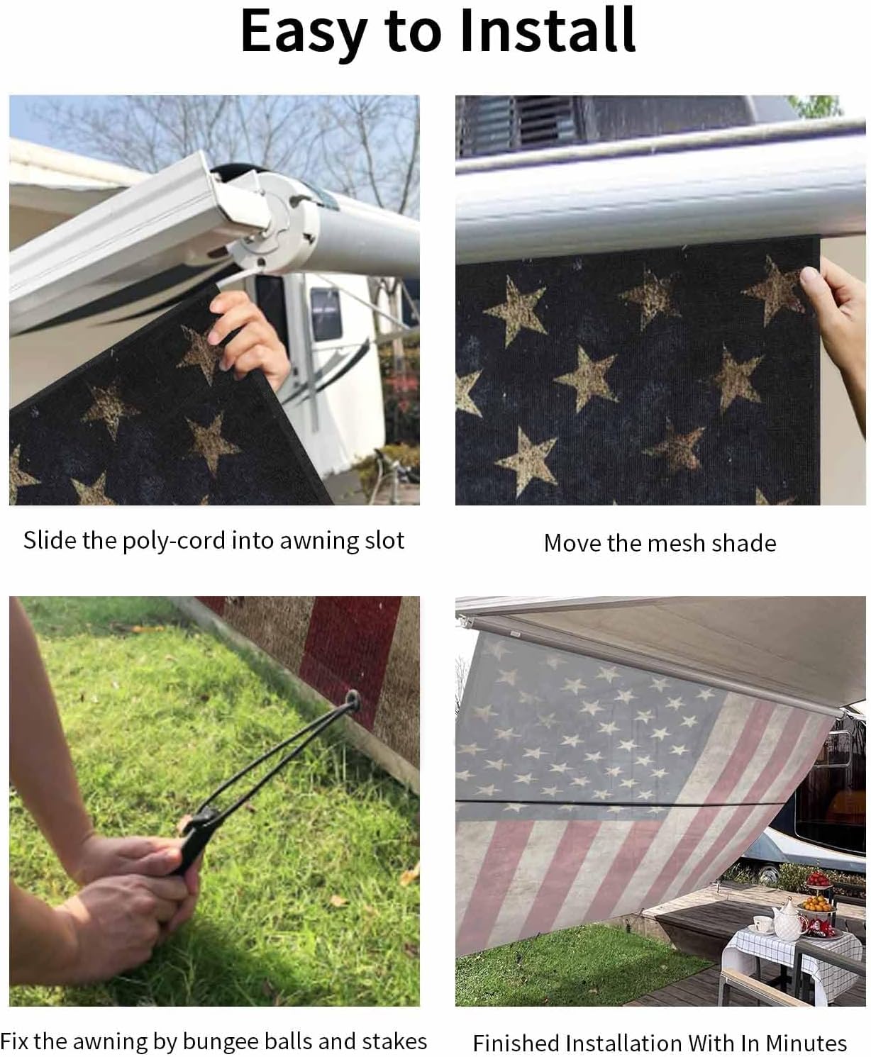 RV Awning Sun Shade Screen 9' x 13'3", American Flag Mesh RV Awning Shades Complete Kits, Retro USA Flag Sunlight Blocker Outdoor Canopy for Camping Trailer Motorhome