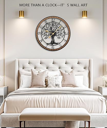 Miniatura 5 de Reloj de pared, reloj de pared grande de 24 pulgadas para decoración de sala de estar, diseño de árbol de la vida y marco de madera, funciona con