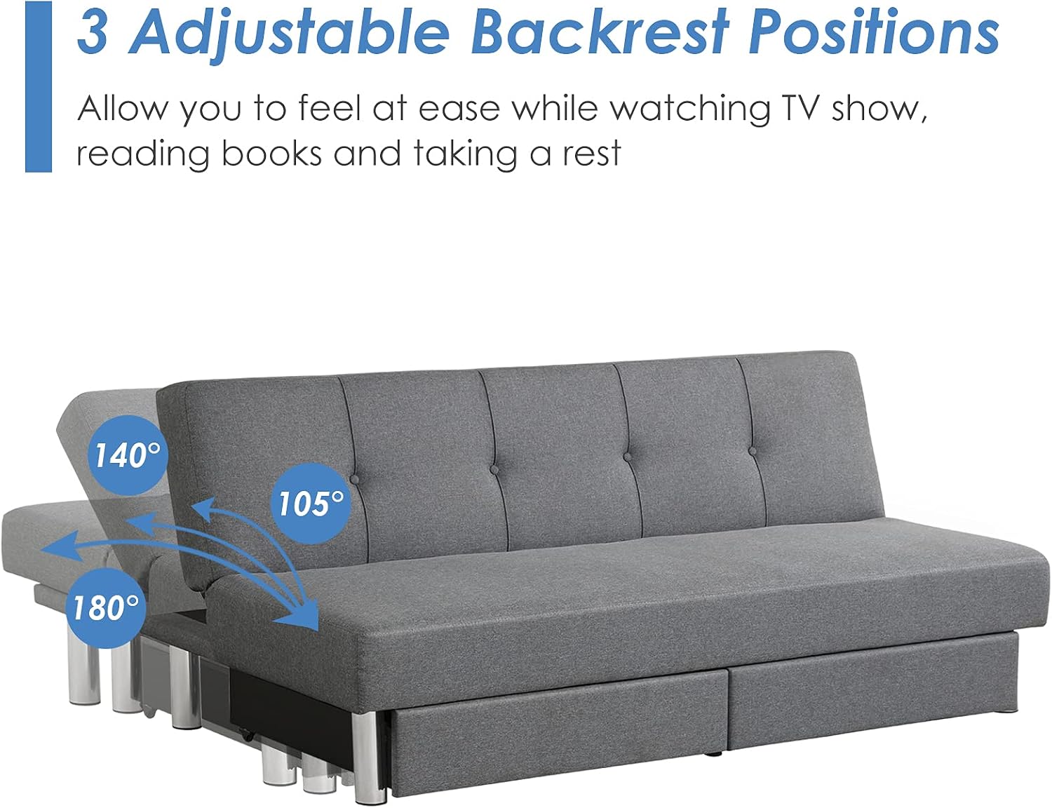 POWERSTONE Convertible Futon Sofa Bed 70" Modern Fabric Sofa Couch Adjustable Back with Two Huge Storage Drawers for Living Room, Bedroom, Apartment and Dorm