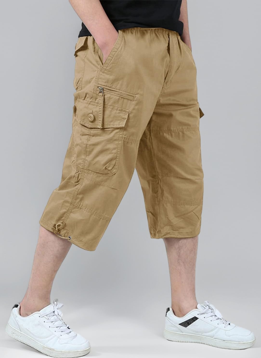 Cargo Shorts Men Casual 3/4 Length Shorts Cotton Capri Long Short Pants Cropped Trousers with Multi Pockets