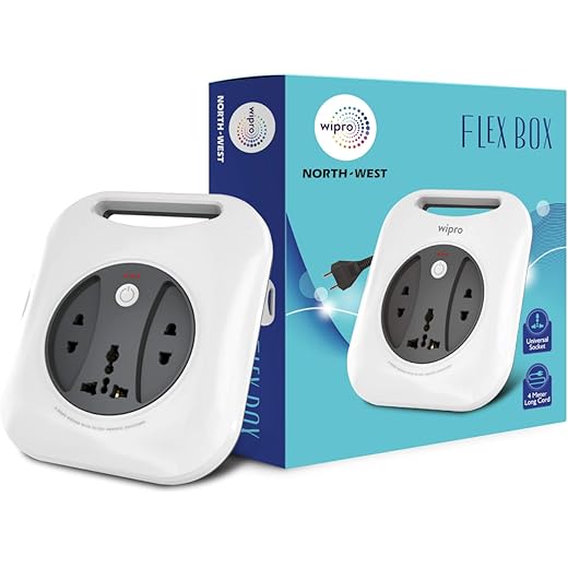 Wipro Flex Box Extension Cord with 1 Universal 3 Pin Socket & 2 units of 2 Pin Sockets,with Master Switch & Indicator | 4 mtr long copper wire | Power Strip for Home, Office | Pack of 1 | Grey & White