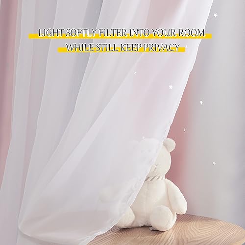 Miniatura 6 de NICETOWN Cortinas para dormitorio de niñas, cortinas de ventana huecas de estrellas de 63 pulgadas de largo, con ojales, 2 capas, 2 paneles, rosa y