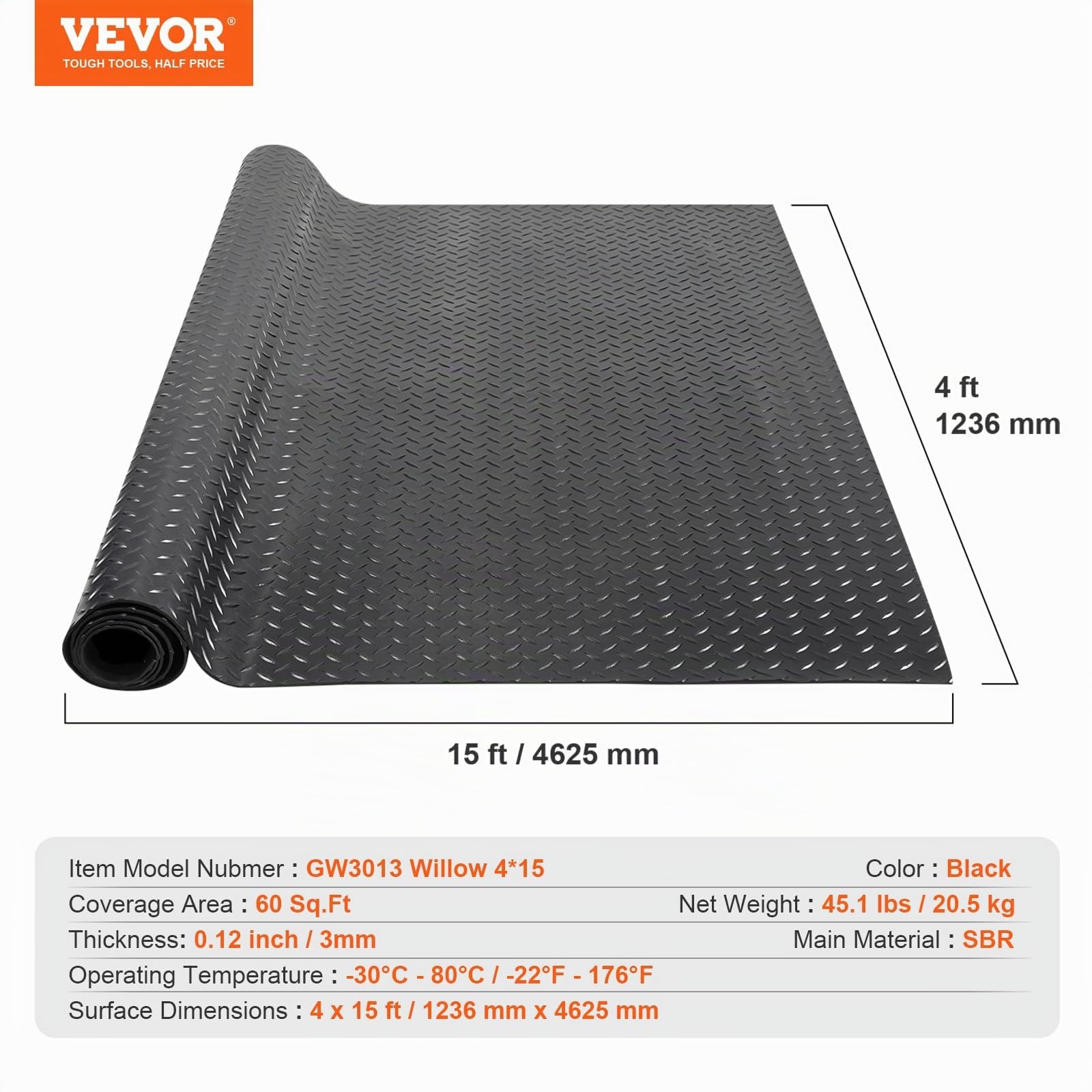 VEVOR Diamond Plate - Rotolo di gomma per pavimenti, 3 mm x 1,2 m x 4,6 m, per garage, garage, facile da pulire, tappetino in gomma diamantata per auto, garage, palestra, colore nero