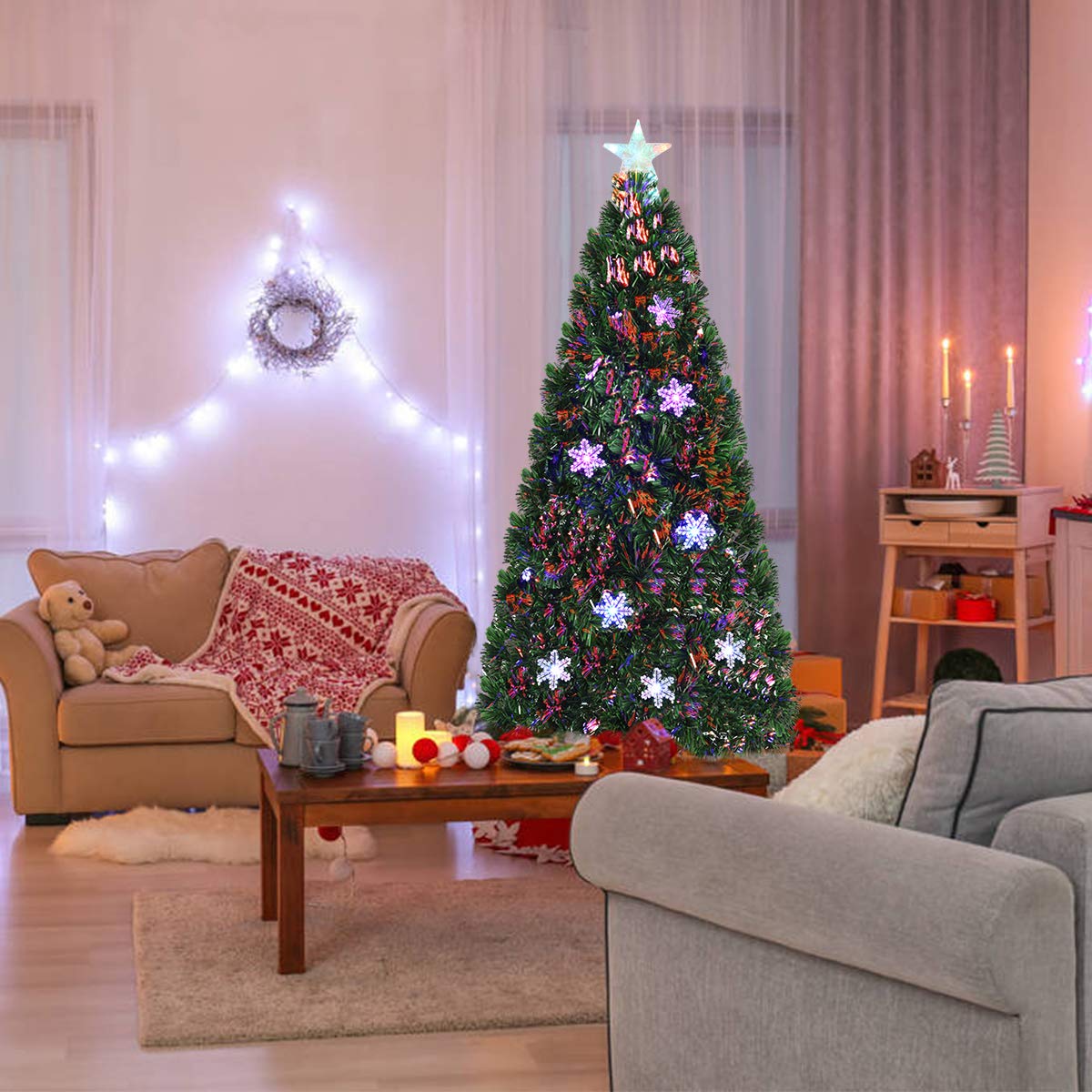 GOPLUS Árbol de Navidad Artificial de 180cm con Copos de Nieve | Árbol de Abeto con Fibra Óptica LED, Decoración Navideña y Soporte de Metal