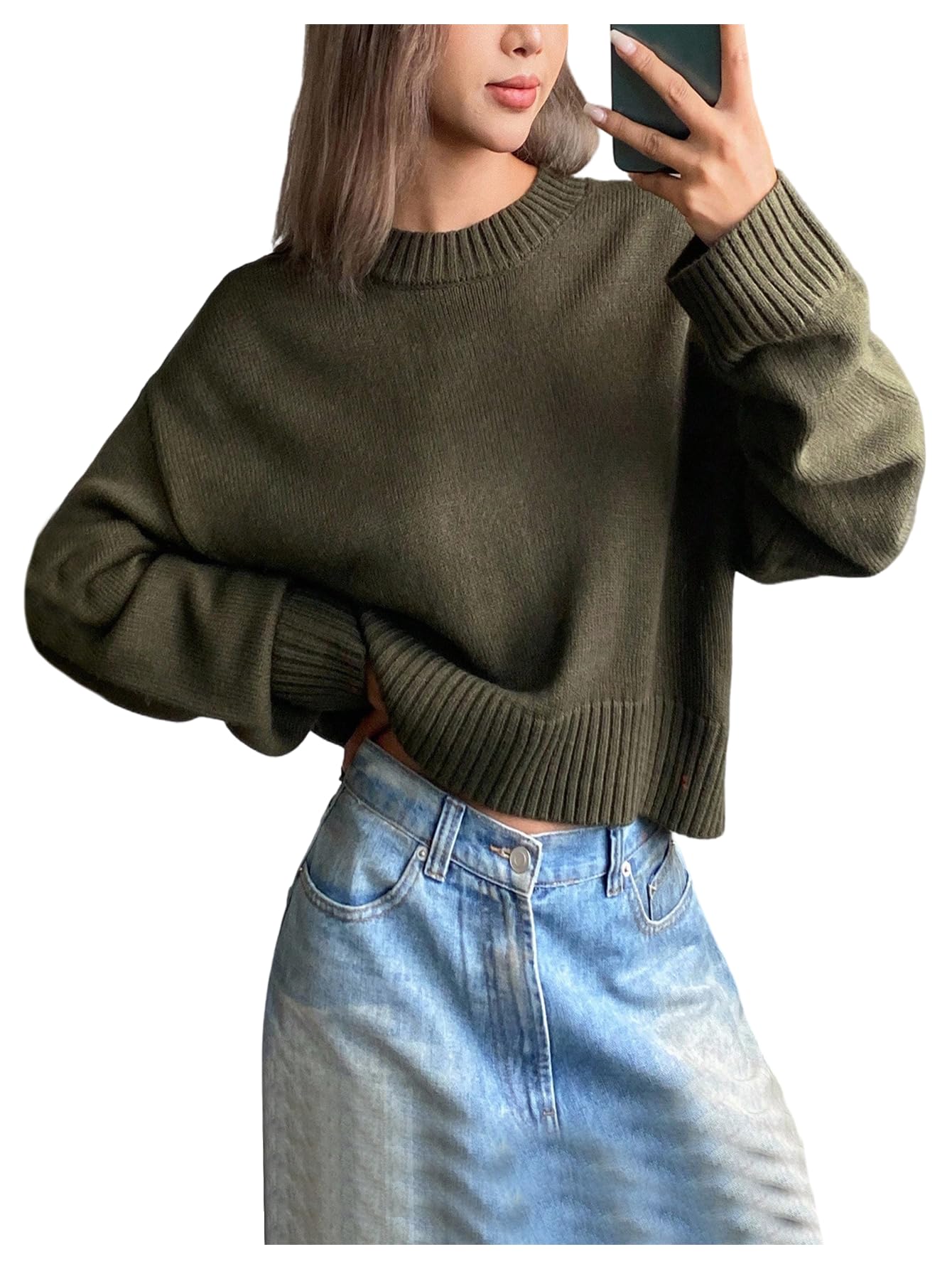Womens Crew Neck Cropped Sweater Loose Fit Jumper Casual Pullover Sweaters