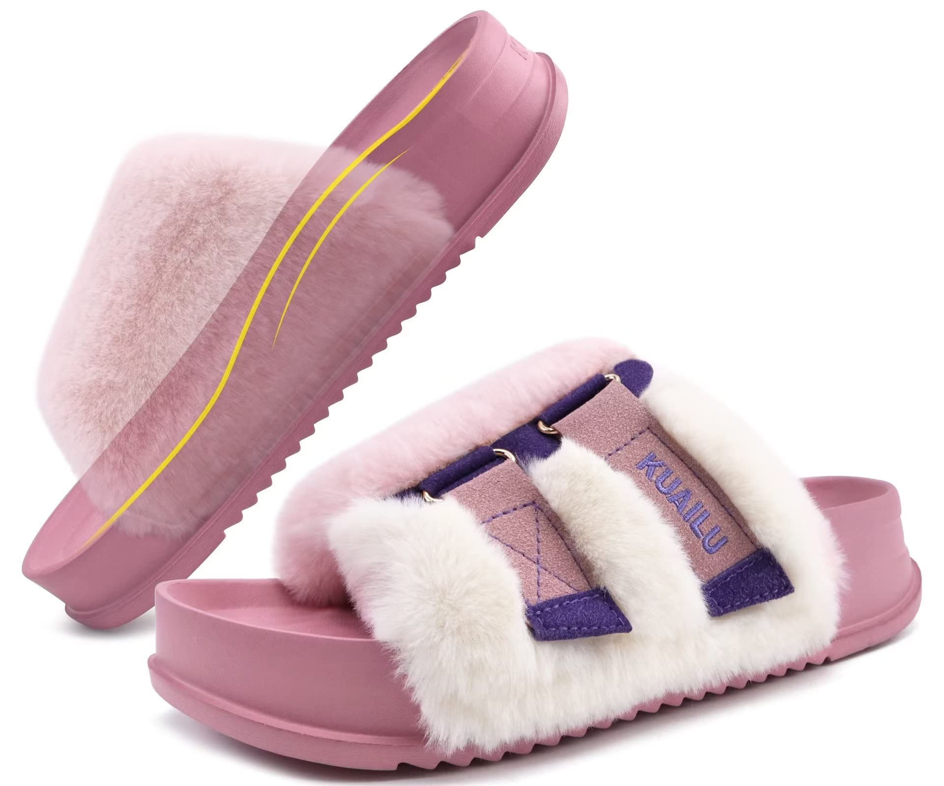 Home Slippers Women Flip Flops KuaiLu Women's Cross Band Fuzzy