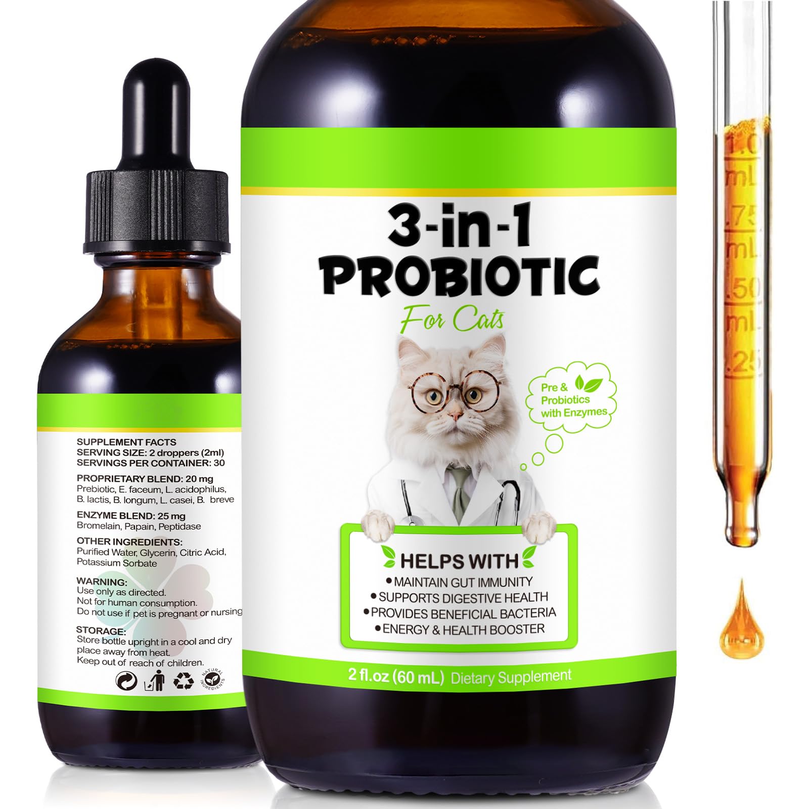 Tooffi Probiotics for Cats,Cat Probiotics Supplement,3-in-1 Probiotic for Cats with Digestive Enzymes,Health & Immunity with Probiotic for cats for All Ages