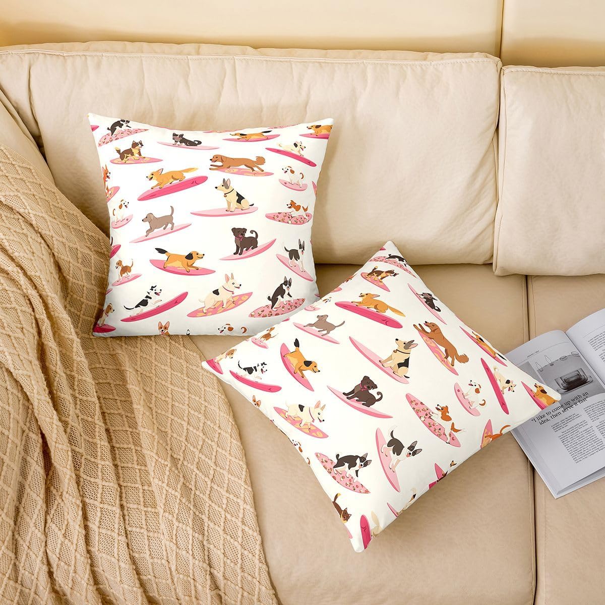 Homewish Cute Dog Throw Pillow Covers (Pack of 1),Ocean Surfboard Cushion Cover for Kids Girls Boys Surf Dogs Pillow Cases Funny Pet Animal Living Room Sofa Bed Decor,16" Lx16 W image 2