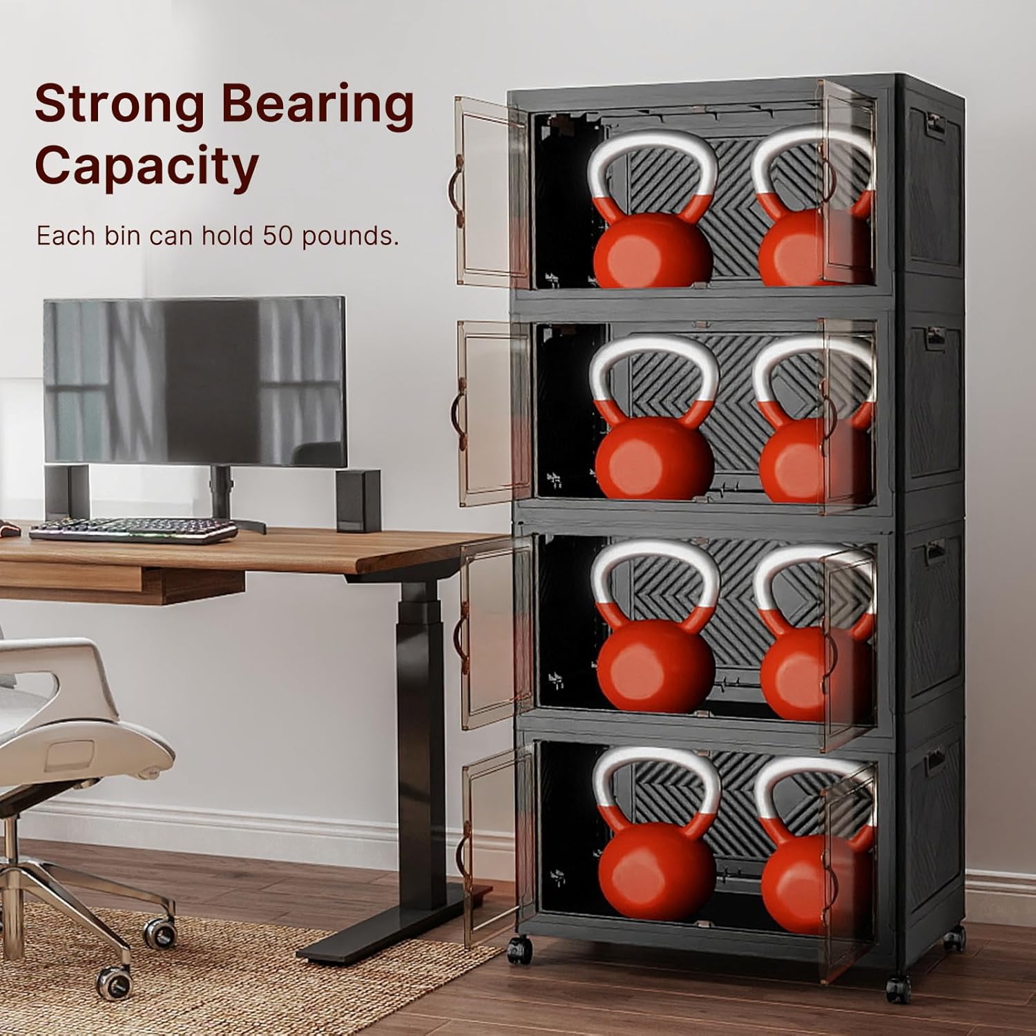 480Qt Stackable Storage Bins with Lids, 4 Pack Large Collapsible Bins with Wheels, Plastic Cabinet with Doors, Foldable Closet Organizers and Storage for Home, Dorm, Office, Black