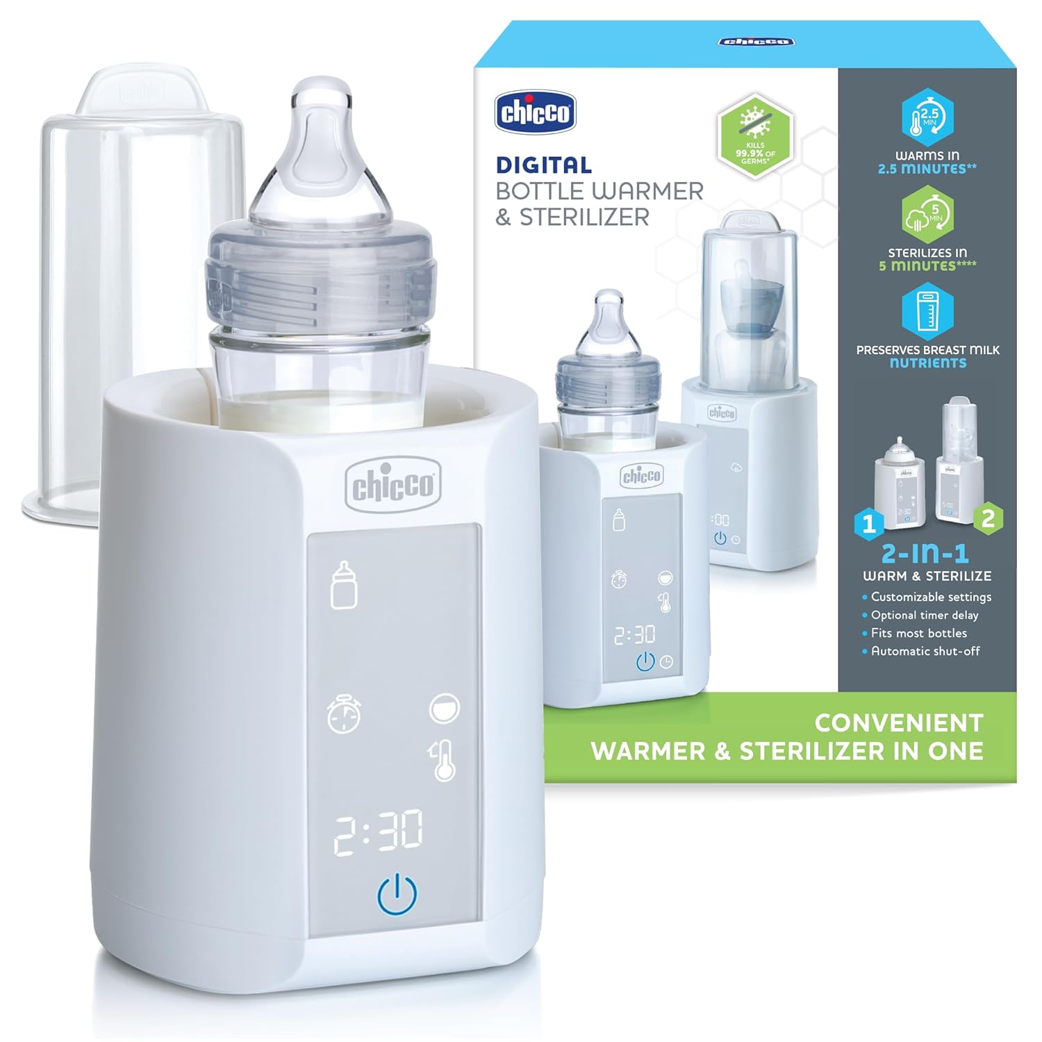 Chicco Digital Bottle Warmer & Sterilizer for Baby Bottles, Baby Food Jars, and Milk Bags | Eliminates 99.9% of Germs | 4 Heating Options | Digital Touchscreen| Automatic Shut-Off & Sound Alert 1 Count (Pack of 1) - Image 1 of 9