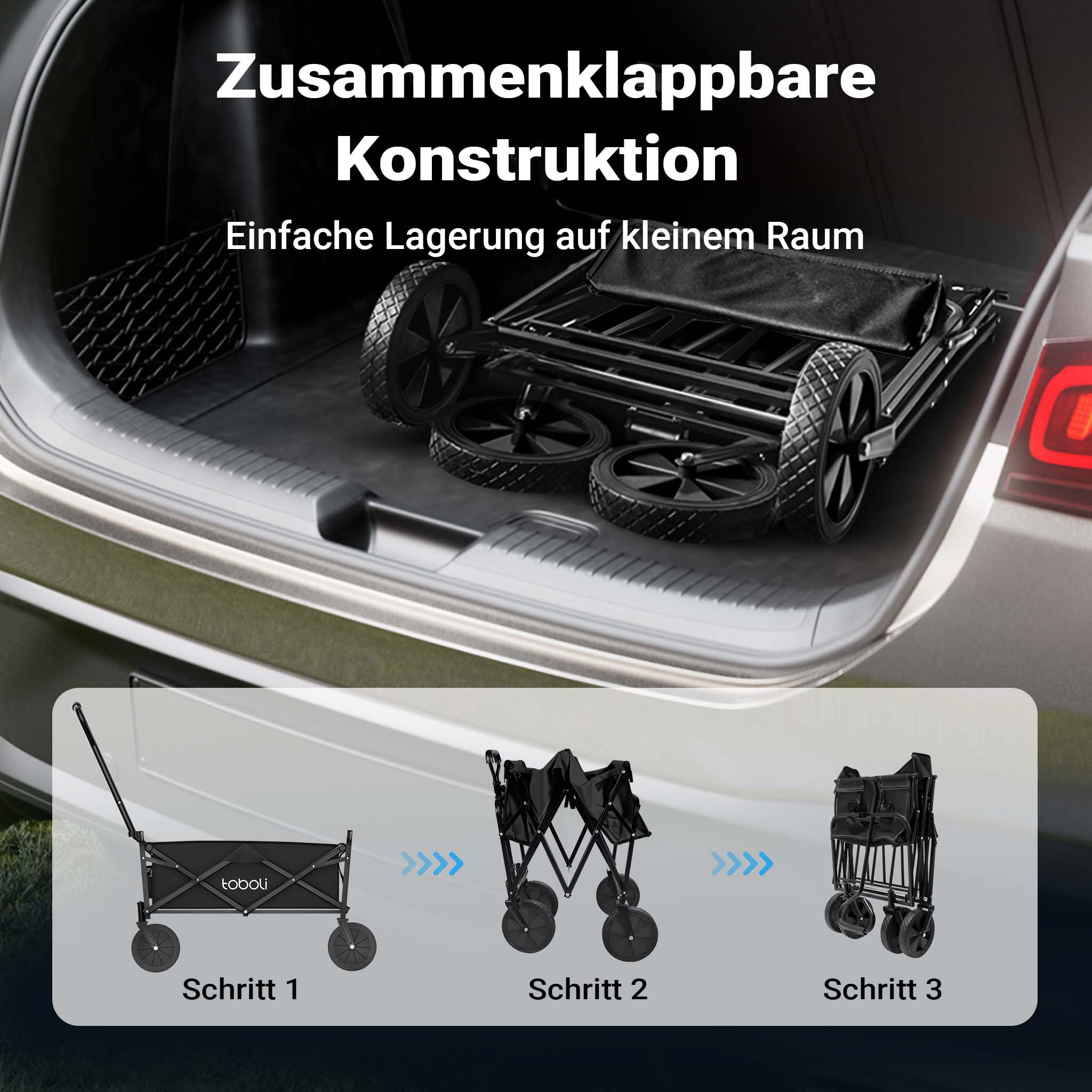 Bollerwagen faltbar Offroad schwarz, Faltbollerwagen belastbar bis 100 kg, Klappbollerwagen für Strand, Garten, Einkäufe