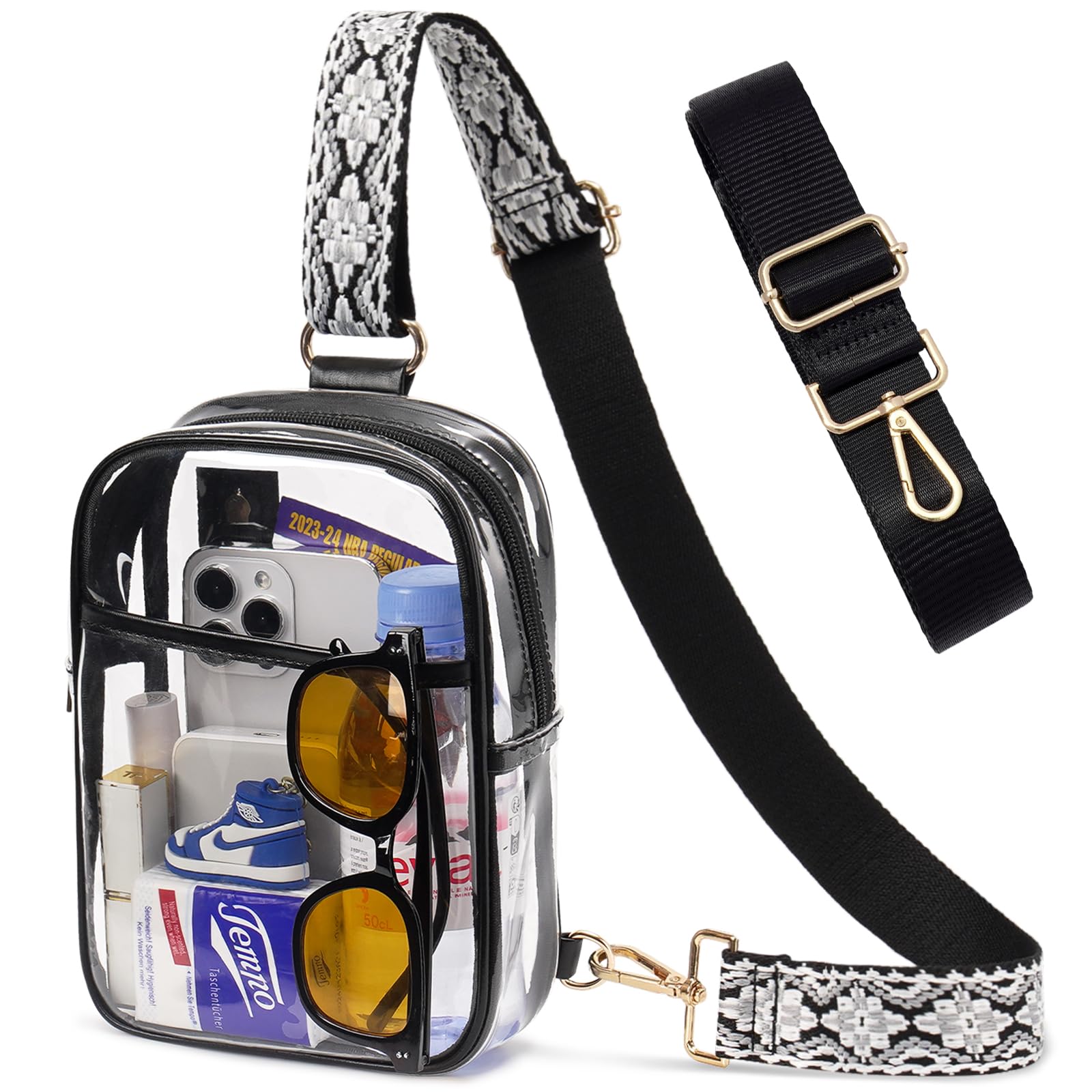 QOECI 3 Pockets Clear Bag for Stadium Events with 2 Long Straps Sling Backpack Fanny Pack Concert Crossbody Purses for Women, 1# Black-d, Clear Crossbody Bag