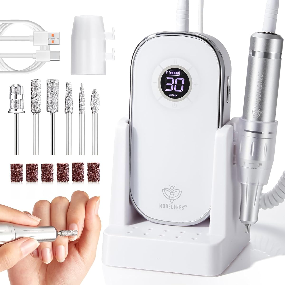 Taladro de uñas eléctrico profesional, 42000 RPM, pantalla táctil inalámbrica portátil, 10 h + tiempo de ejecución, kit de taladro de uñas recargable con soporte de almacenamiento y 6 brocas para eliminación de gel de uñas acrílicas