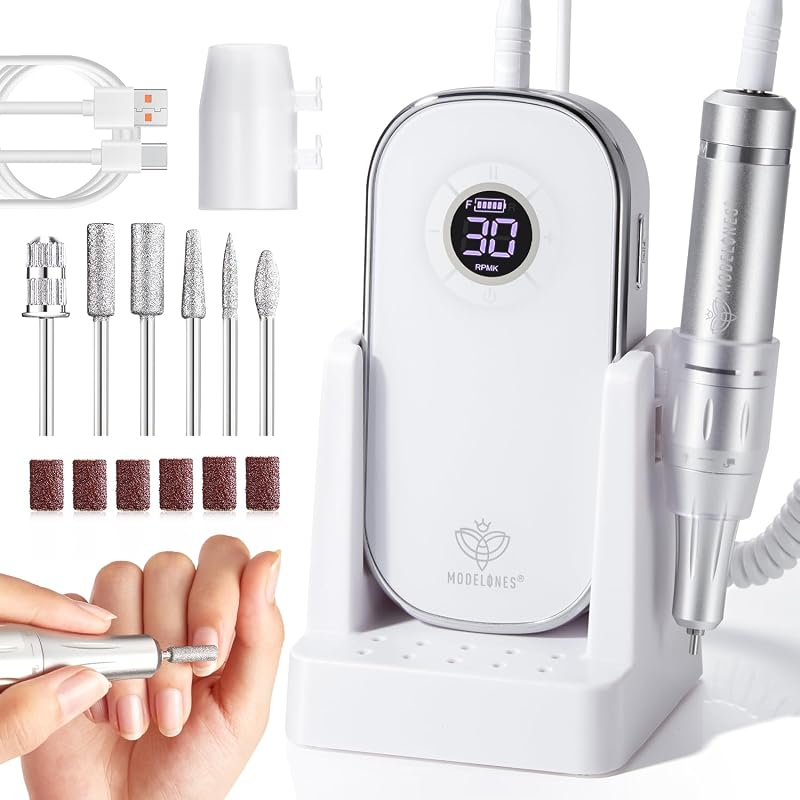 Taladro de uñas eléctrico profesional, 42000 RPM, pantalla táctil inalámbrica portátil, 10 h + tiempo de ejecución, kit de taladro de uñas recargable con soporte de almacenamiento y 6 brocas para eliminación de gel de uñas acrílicas