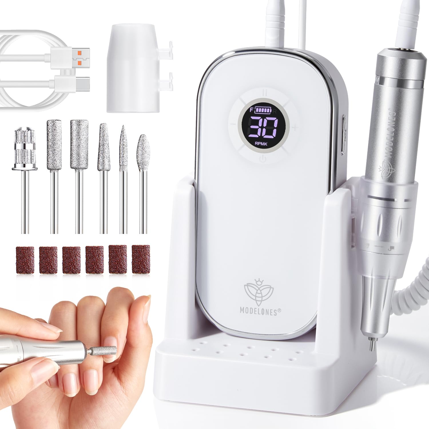 Modelones Professional Electric Nail Drill, 42000 RPM Portable Cordless Touchscreen 10h+ Runtime Rechargeable Nail Drill Kit with Storage Stand and 6 Drill Bits for Acrylic Nails Gel Removal