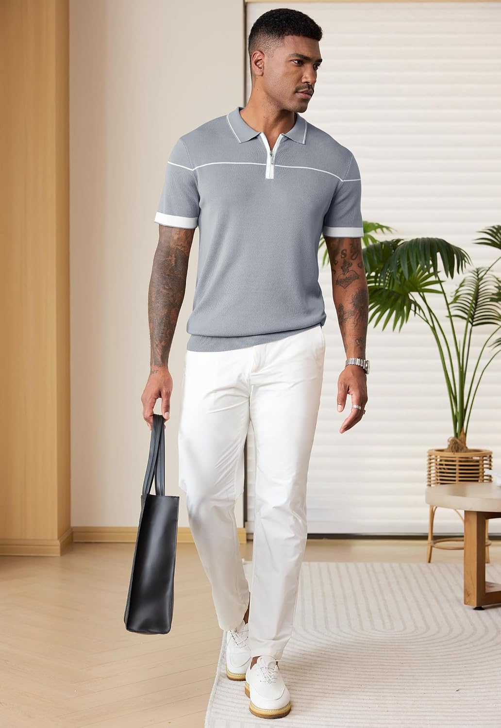 Men Quarter Zip Lyocell Knit Polo Dress Collared Stripe Shirts(S-XXL)