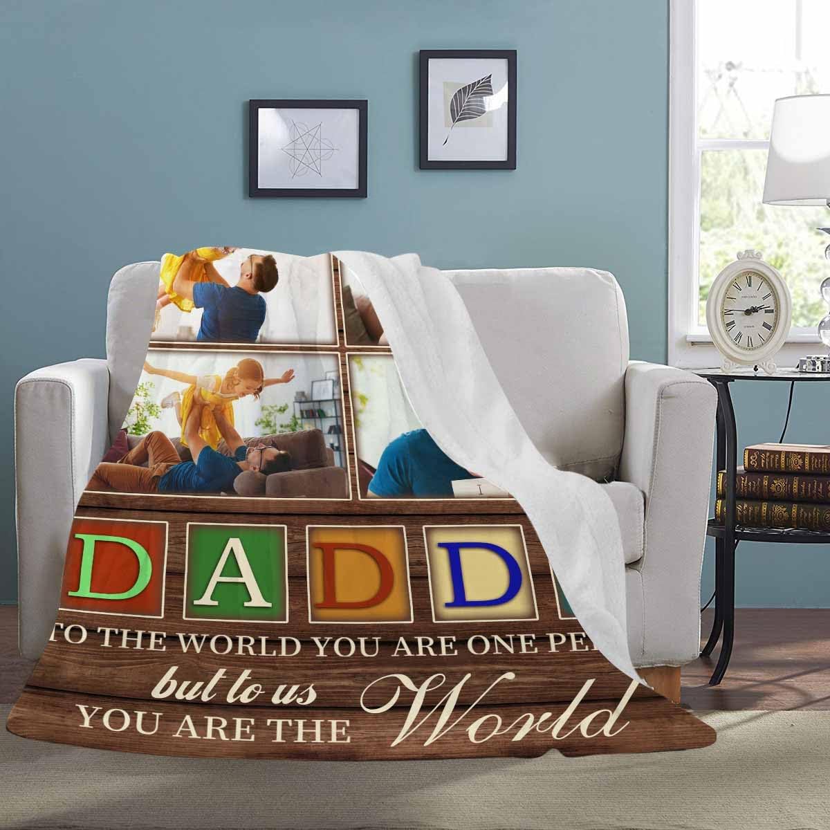 Custom Daddy Blanket with Text Picture Collage Daddy to the World You Are One Person 6 Photos Customized Throw Blankets Father's Day Personalized Gifts for Dad from Daughter, Son,Wife 40x50