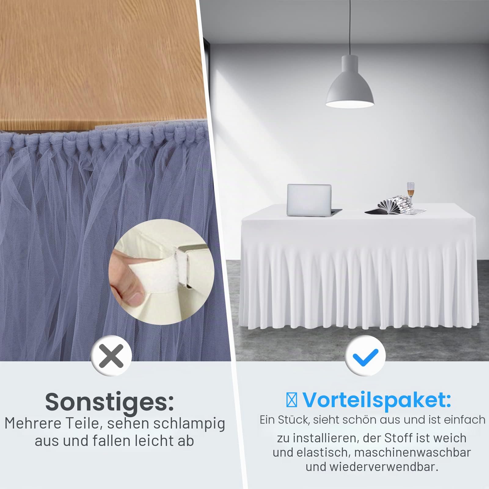 EMART Spandex Tischröcke 182x76cm Weiß Stretch Tischdecke mit Rock, Faltenfreie Waschbare Rechteckige Tischdecke Weiß für 1.8m Rechteck Tische für Partys, Hochzeiten, Bankette, 1 Stück | Faltenbeständig, Bankette, Hochzeiten, Geburtstagsfeiern